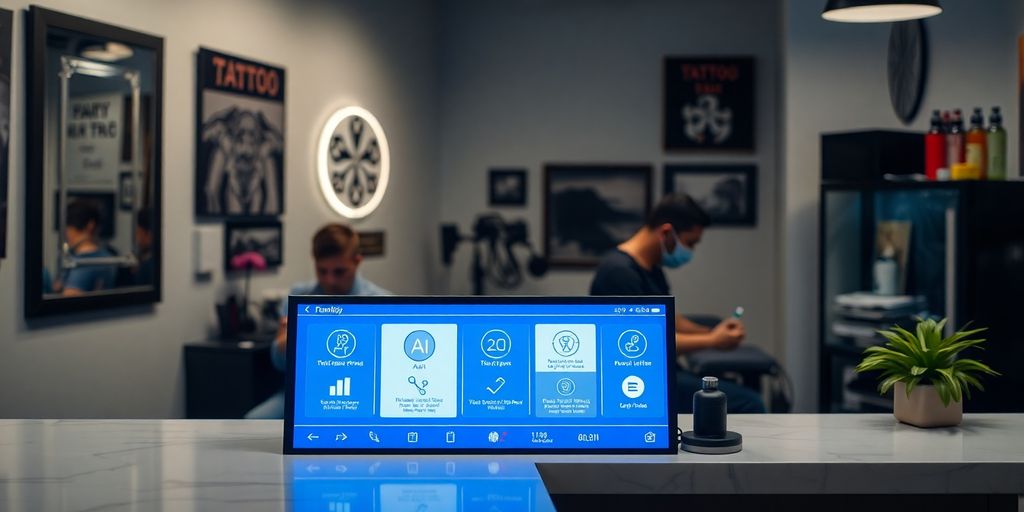 Tattoo artist using AI front desk software.