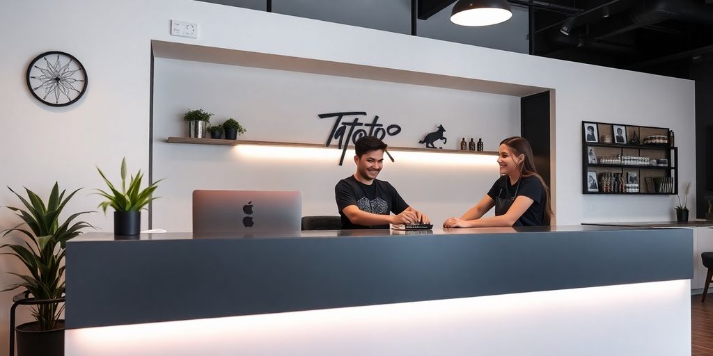 Tattoo artist and client interacting with AI interface.