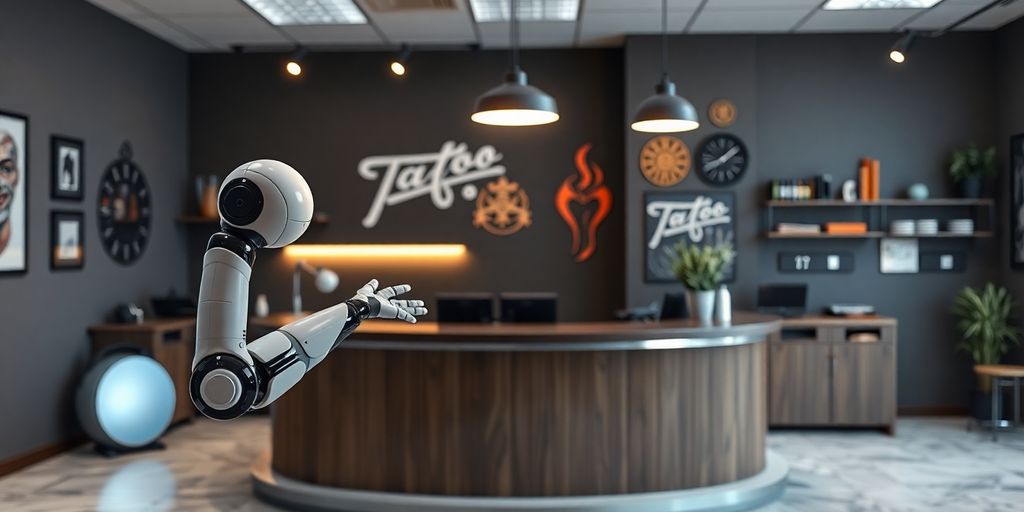 Tattoo artist with AI robot assistant at front desk.