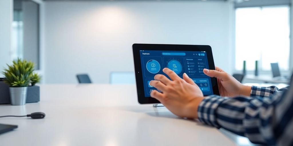 Electrician using AI virtual receptionist on tablet.