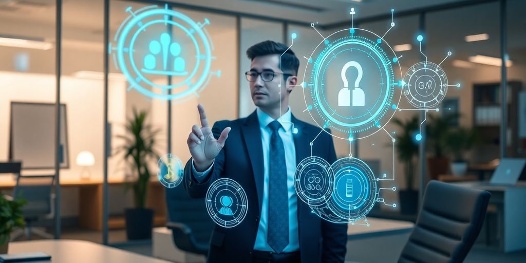 Immigration lawyer using AI technology at desk.