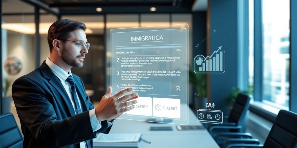 Immigration lawyer using AI on a futuristic device.