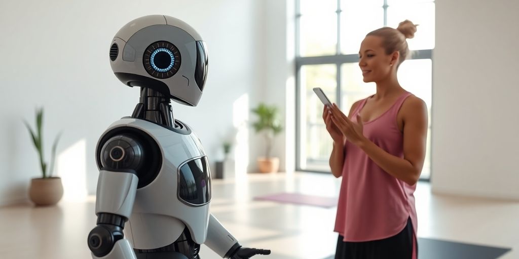 AI robot assisting a person at a yoga studio desk.
