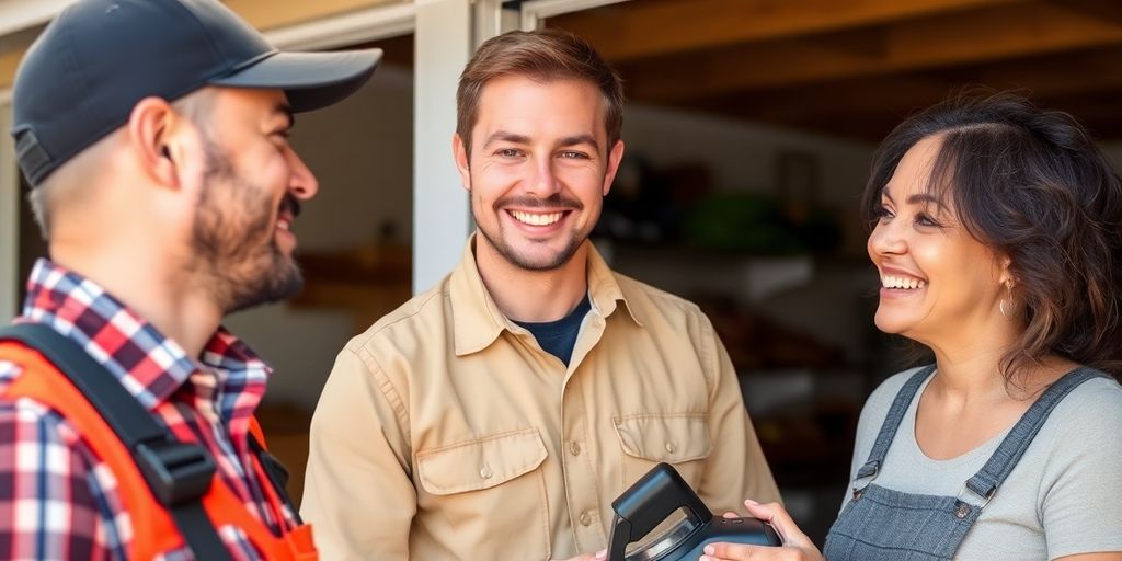 Pest control technician working with a client.