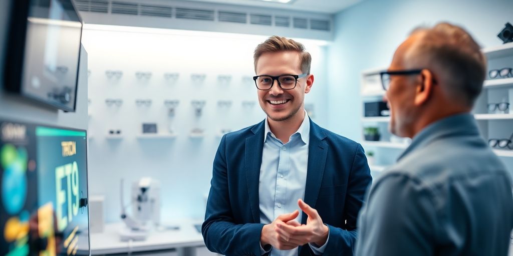 Optometrist using AI interface at front desk.