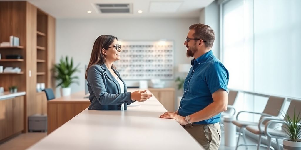 Optometrist interacting with a patient at a reception desk.