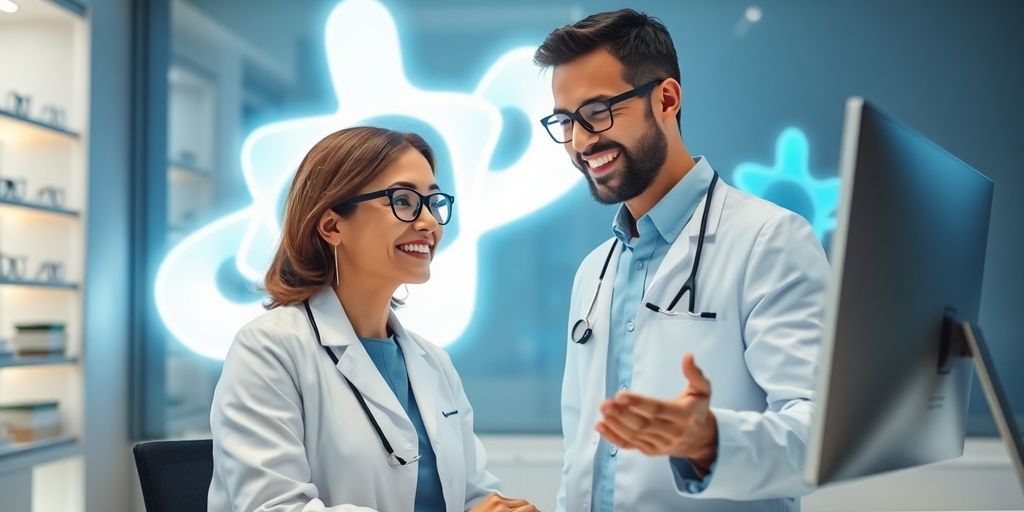 Optometrist using AI technology in office.