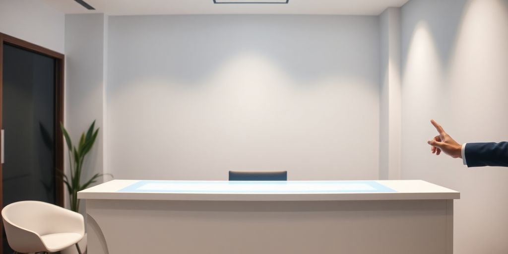 AI assisting a counselor at a sleek front desk.
