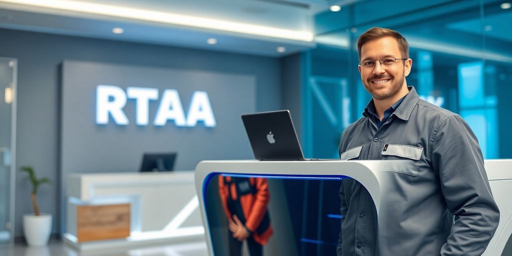 HVAC technician smiling near a modern AI desk.