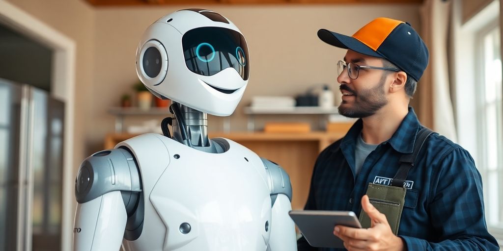 AI robot assisting HVAC technician with tools.