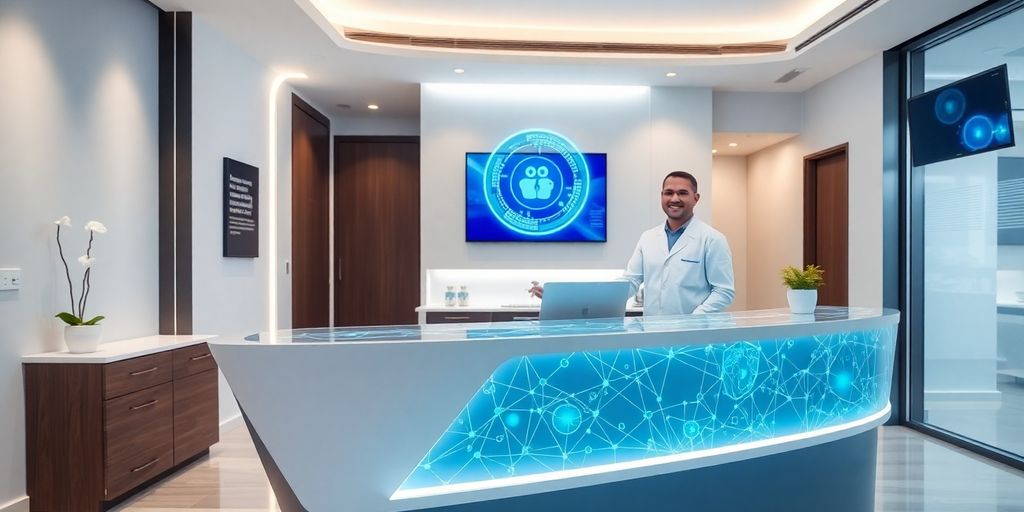 Dental clinic front desk with AI interface.