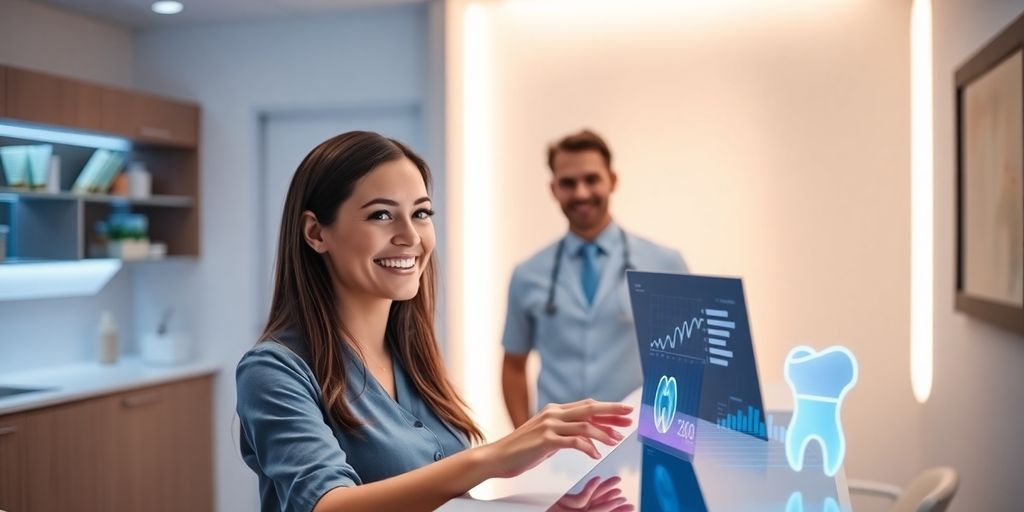 Dental clinic reception with AI interface.