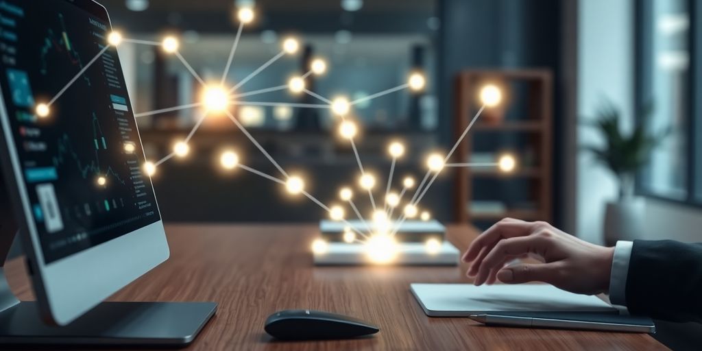 Lawyer using AI at a modern desk.