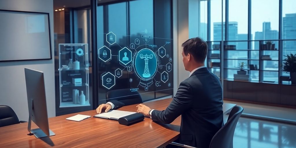 Lawyer using AI at a modern desk.