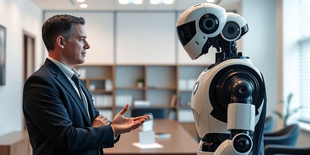 Lawyer shaking hand with AI robot.