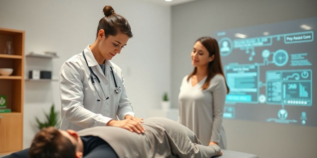 Physiotherapist interacting with patient while AI interface operates.