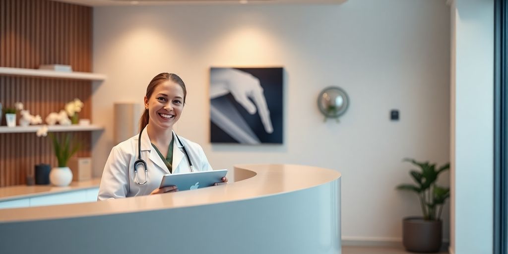 Physiotherapist interacting with advanced AI interface.