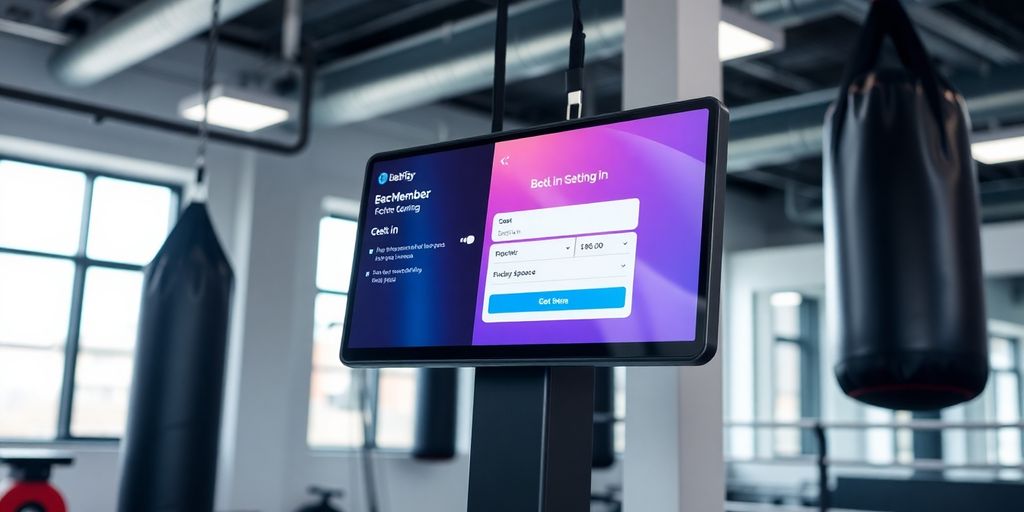 Boxing gym interior with virtual receptionist interface.