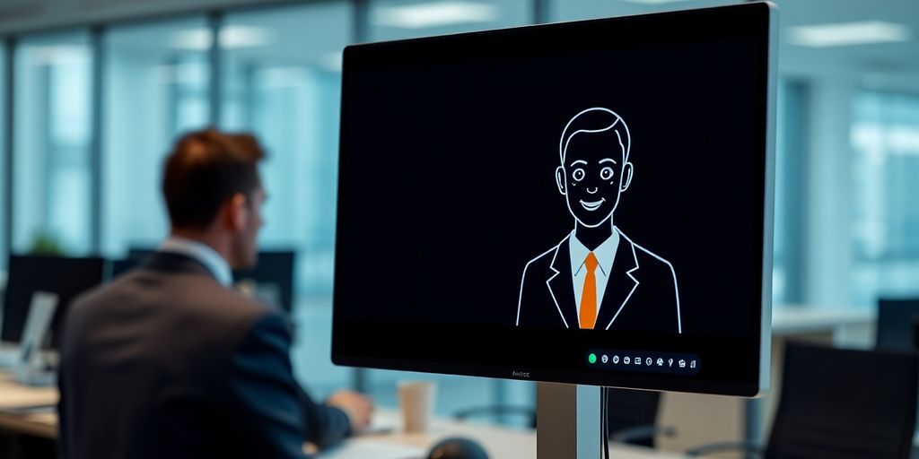 AI assistant interacting with a smiling client.
