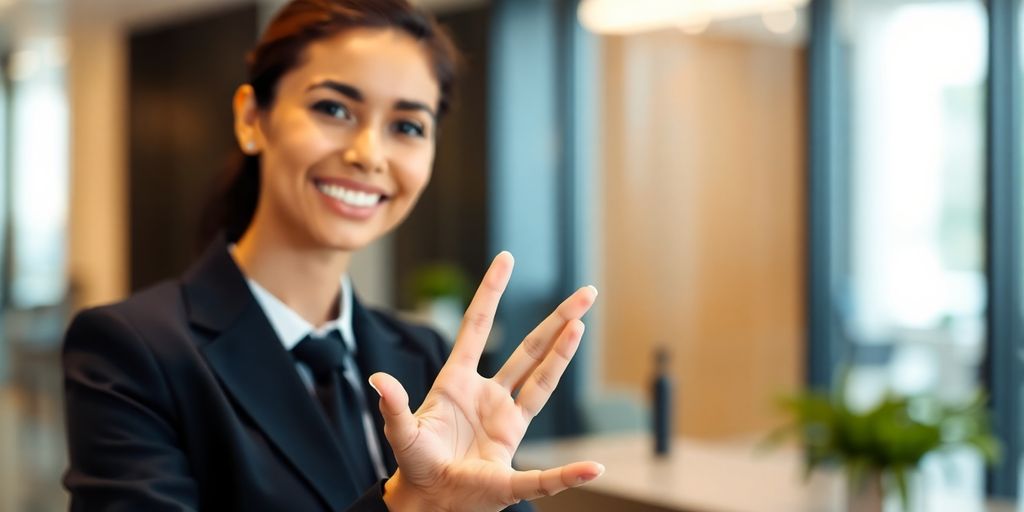AI receptionist interacting with client at desk.