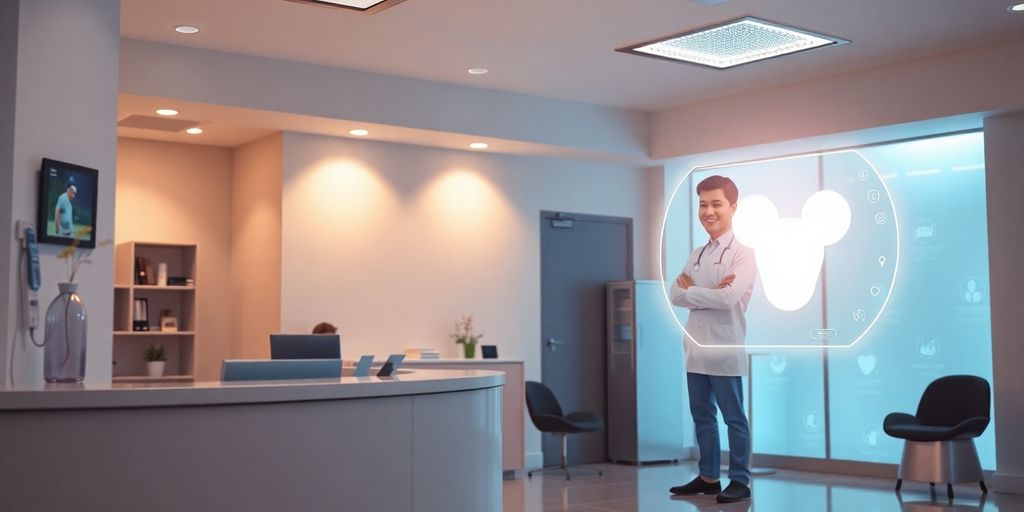Veterinarian interacting with futuristic AI interface.