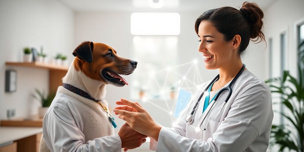 Veterinarian and AI interacting in a modern clinic.