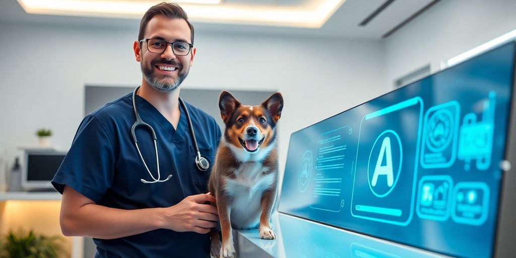 Veterinarian interacting with AI desk interface.
