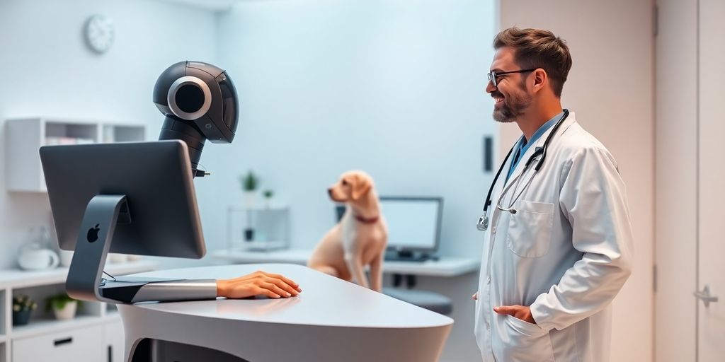 Veterinarian and AI robot interacting in a modern clinic.