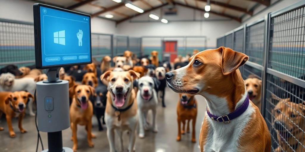 AI assistant interacting with happy pets at a kennel.