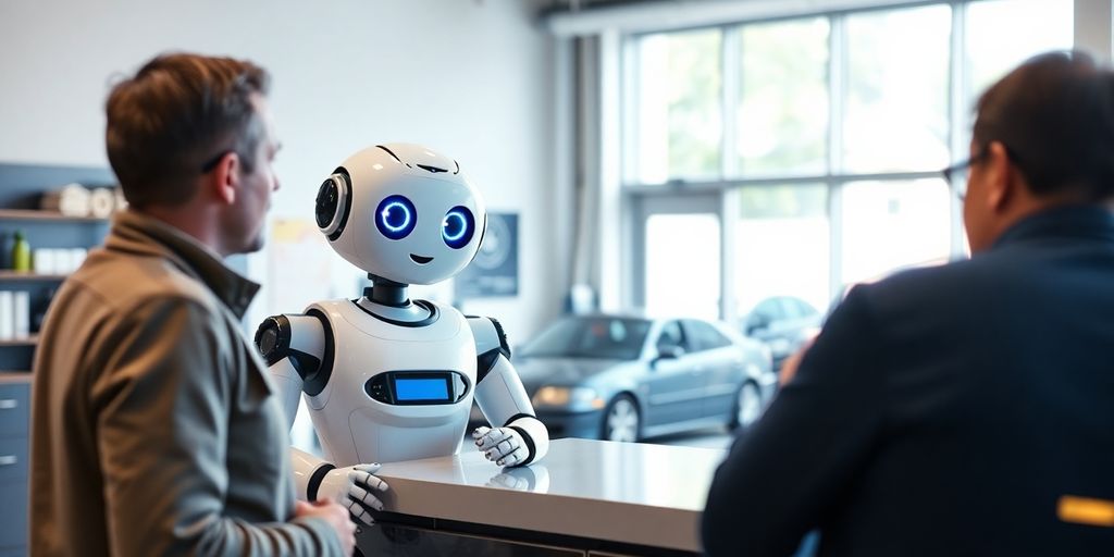 AI robot assists customer at auto repair shop.