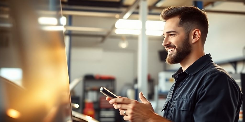 Mechanic using a tablet in a repair shop.
