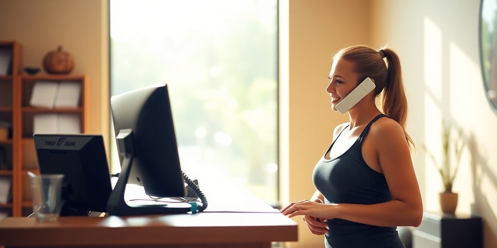 Woman answering phone in a yoga studio.