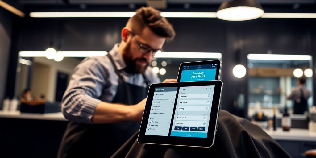 Barber chair with digital interface and smiling customer.