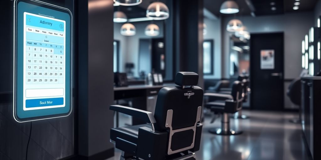 Barber chair with digital appointment interface.
