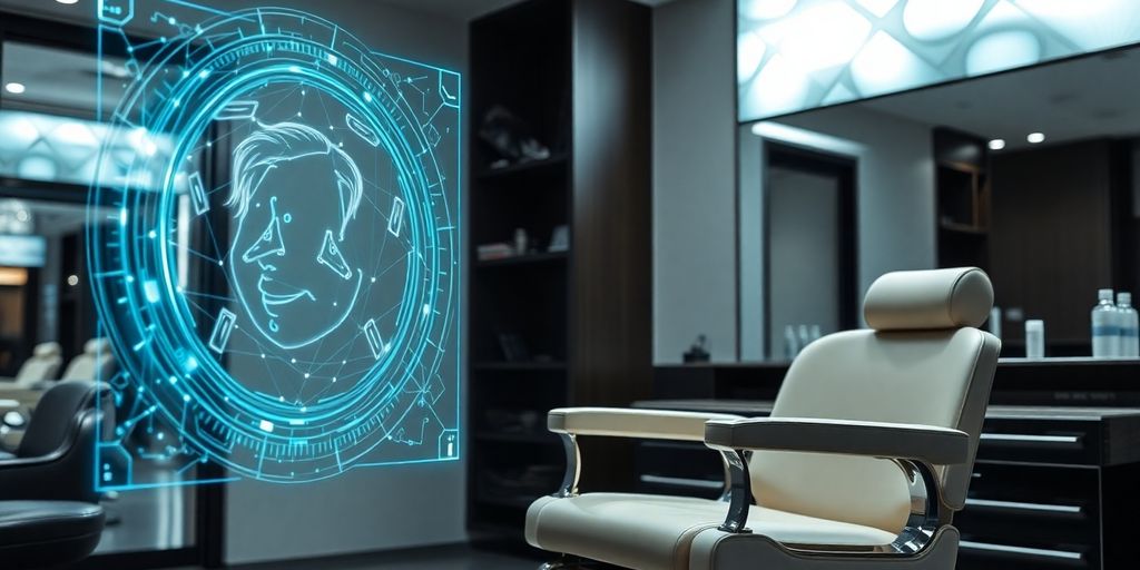 Barber chair with a futuristic AI interface.