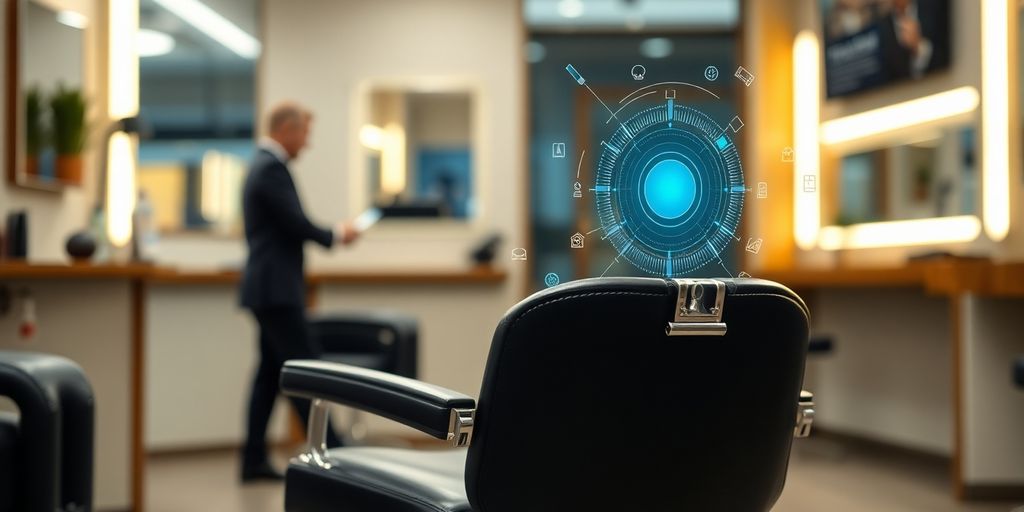 Barber chair with futuristic AI assistant.