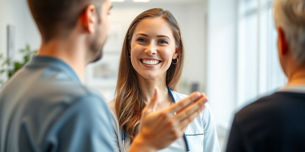 Physiotherapist interacting with a smiling patient.