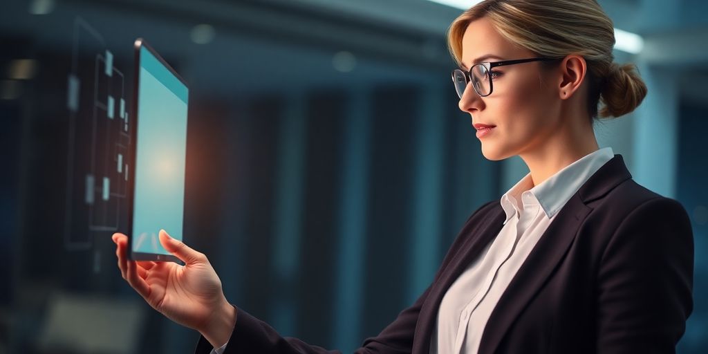 Person interacting with a futuristic AI interface.