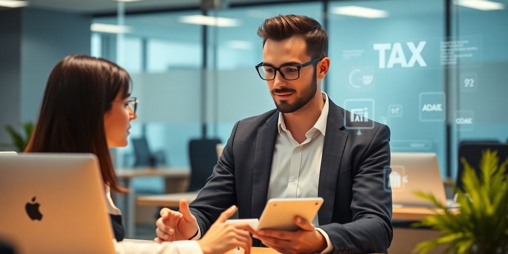 AI robot assisting tax professional at desk.