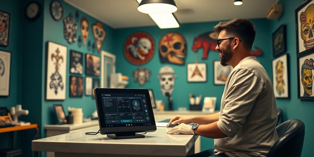 Tattoo artist and client interacting with AI.