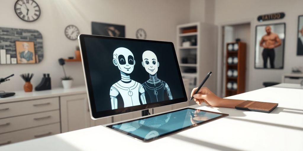 Tattoo artist interacting with AI receptionist interface.