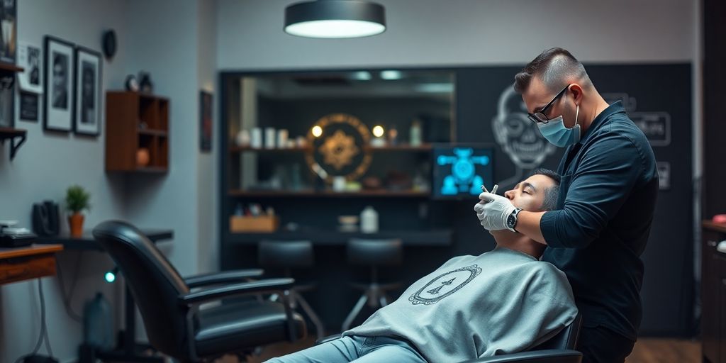 Tattoo artist and client interacting with a sleek AI.