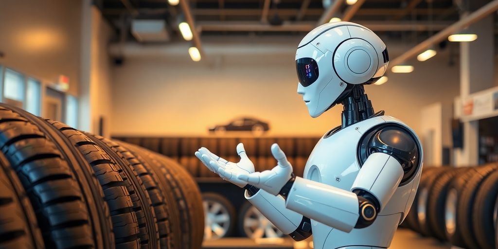 AI robot assisting a customer at a tire shop counter.