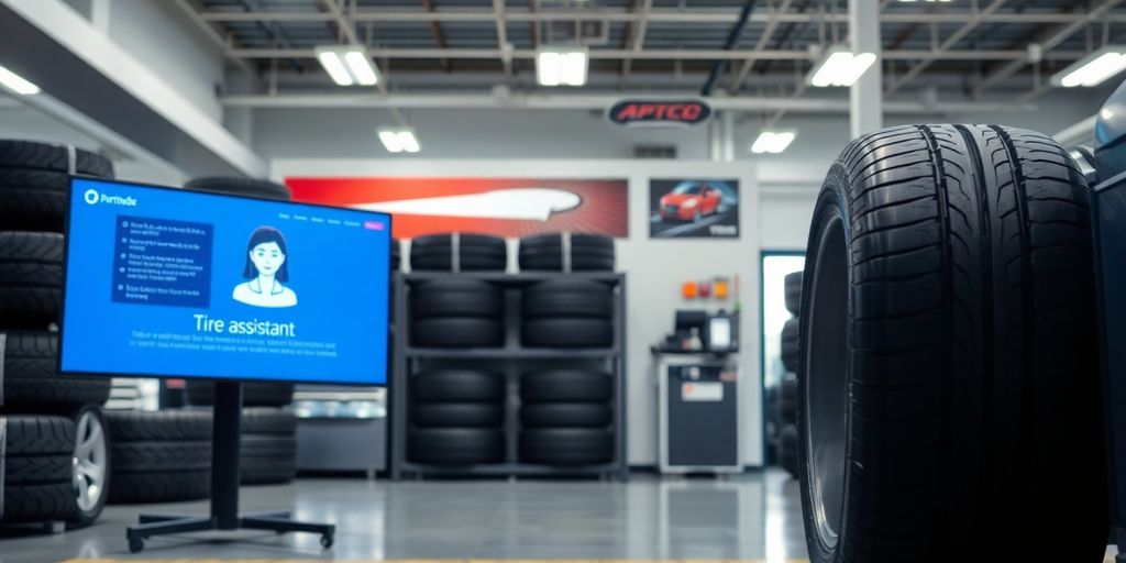 Tire shop owner smiling with AI assistant interface.