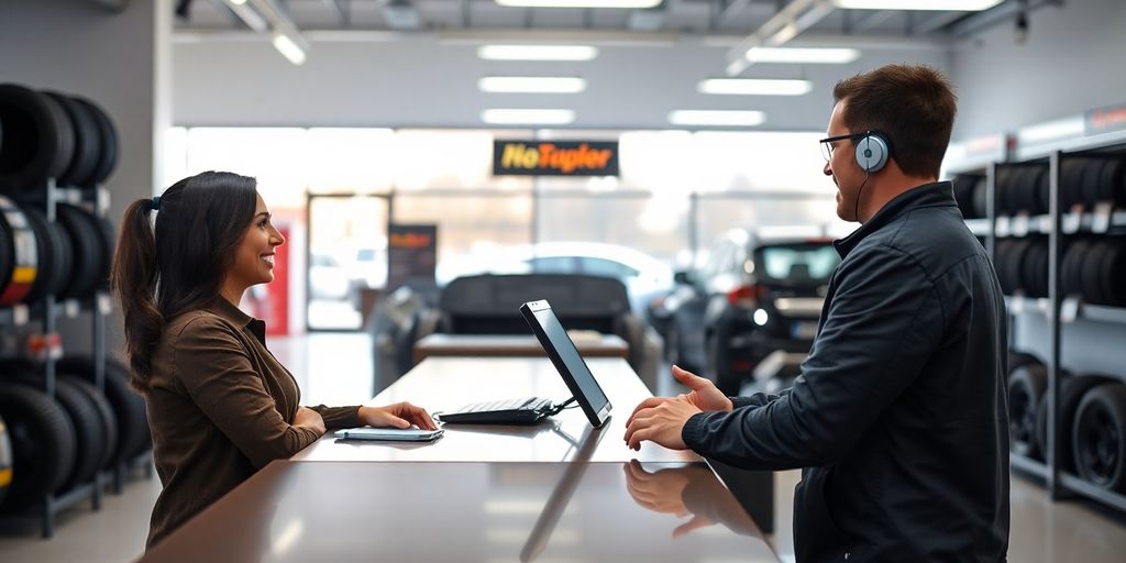 AI bot interacting with customer at a tire shop counter.
