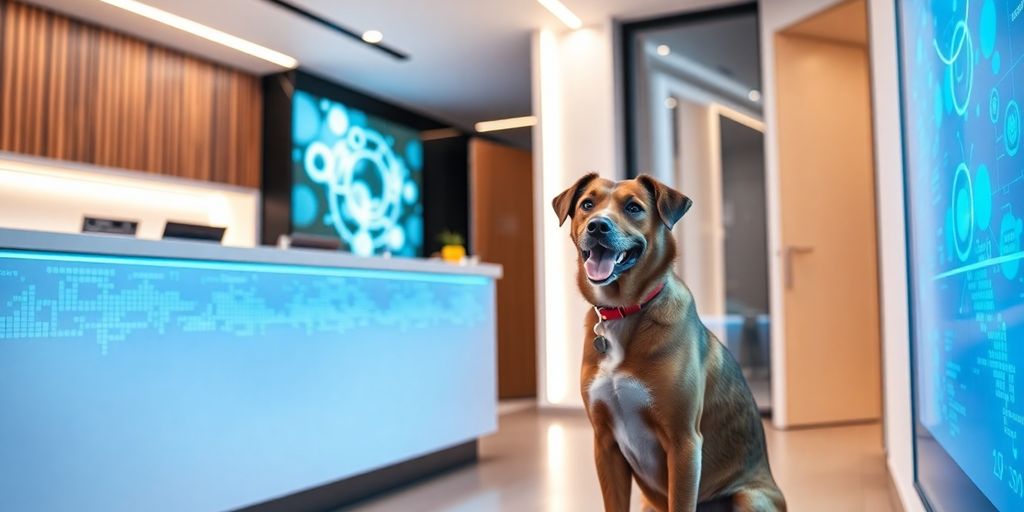 Dog daycare front desk with AI interface.
