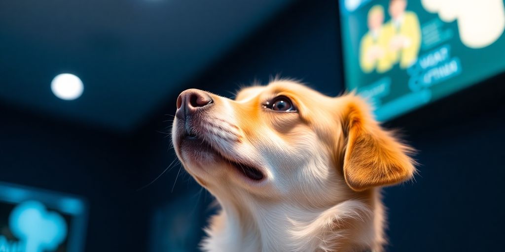 Happy dog interacting with a digital interface.