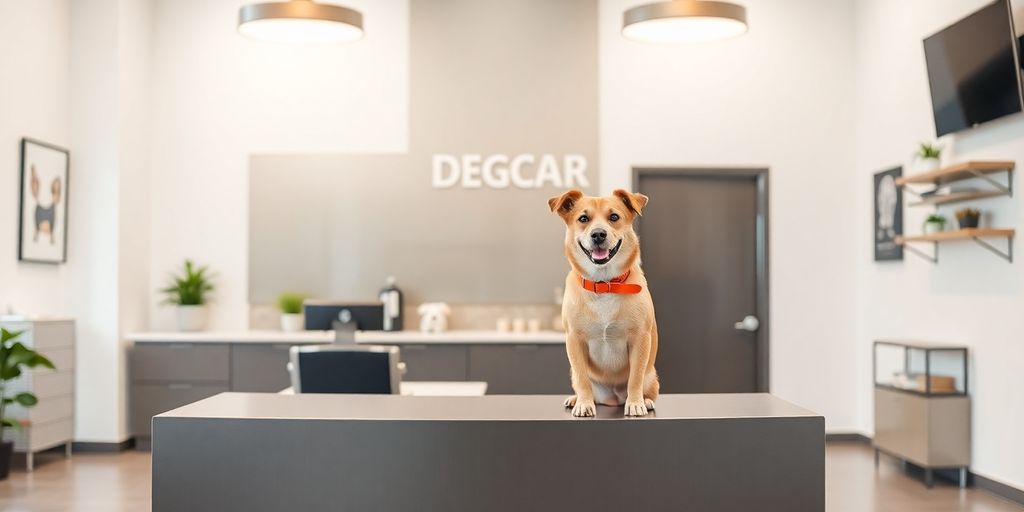 Happy dog at a modern daycare reception desk.