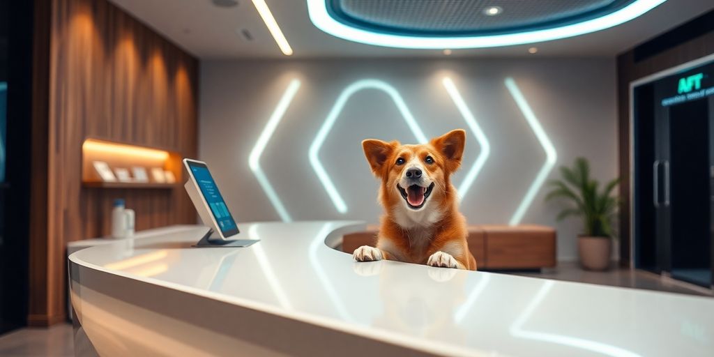 Happy dog at a modern front desk.