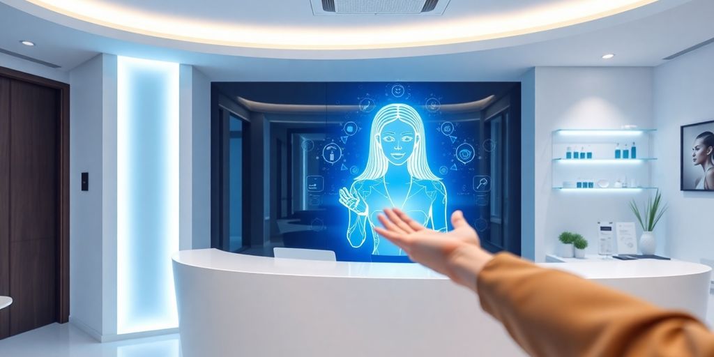 Cosmetic clinic reception with a futuristic AI assistant.